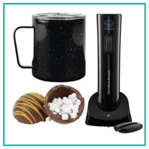 MiiR Mug, Electric Wine Opener, and Hot Cocoa Bomb