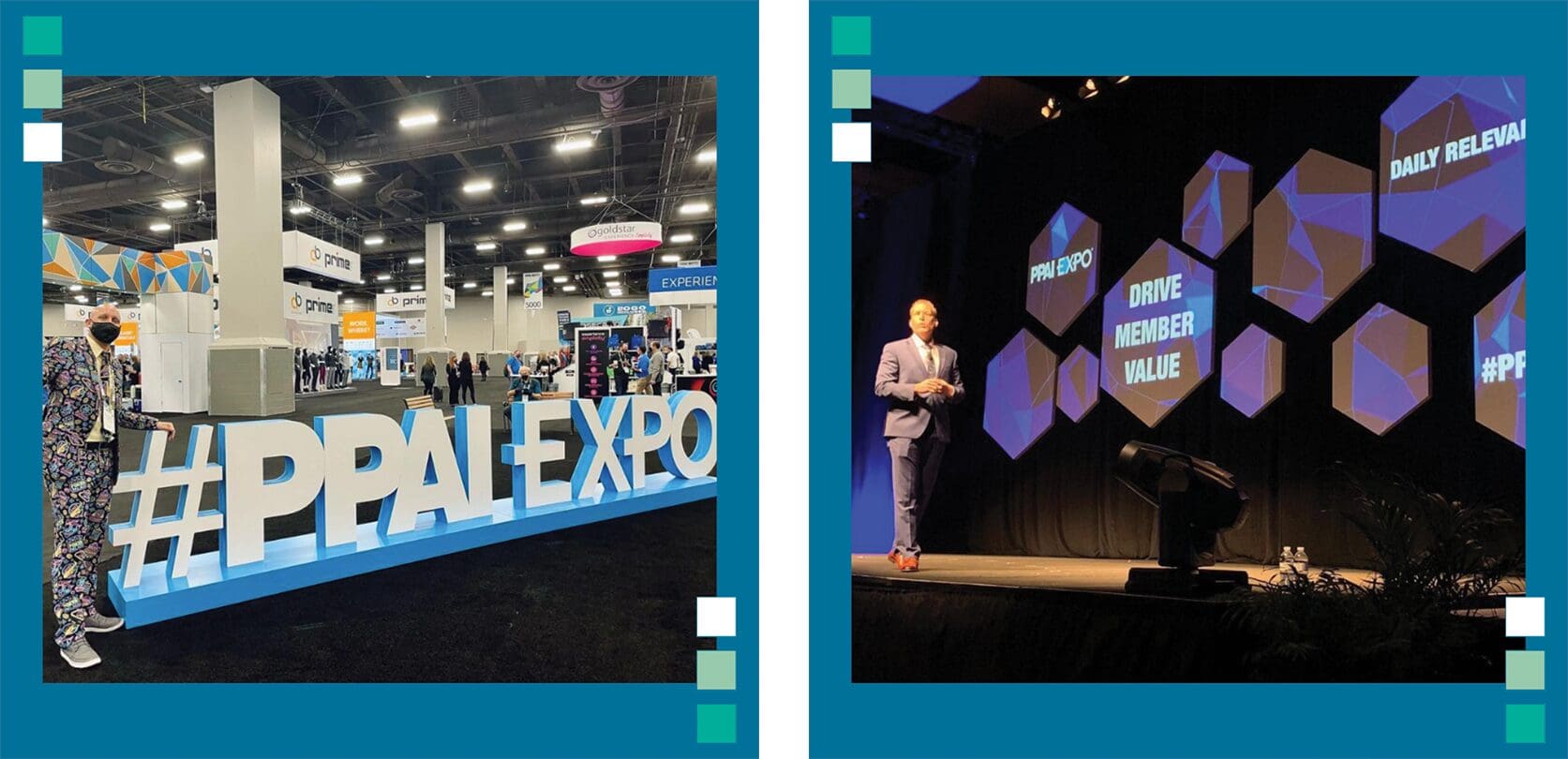 One image features a man standing in front of a #PPAIExpo sign. Another image features a man giving a lecture at PPAI Expo 2022.