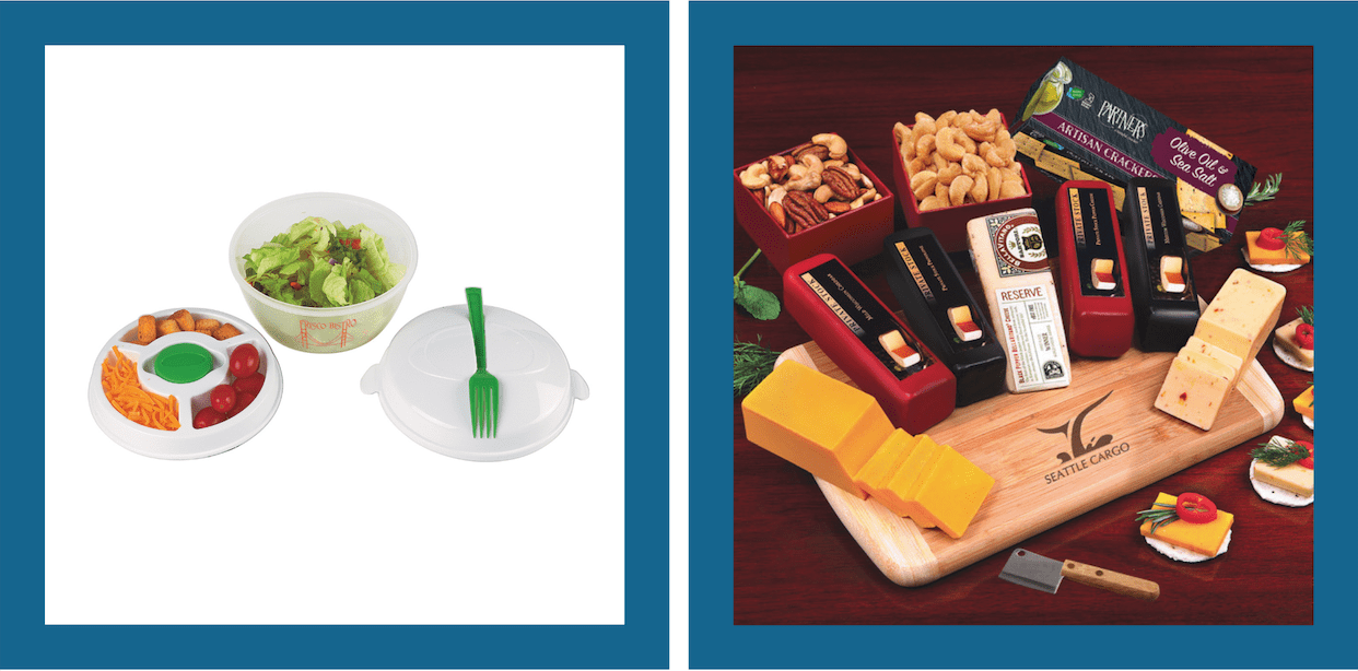 A branded salad bowl kit and a cheese and nut sampler with personalized cutting board