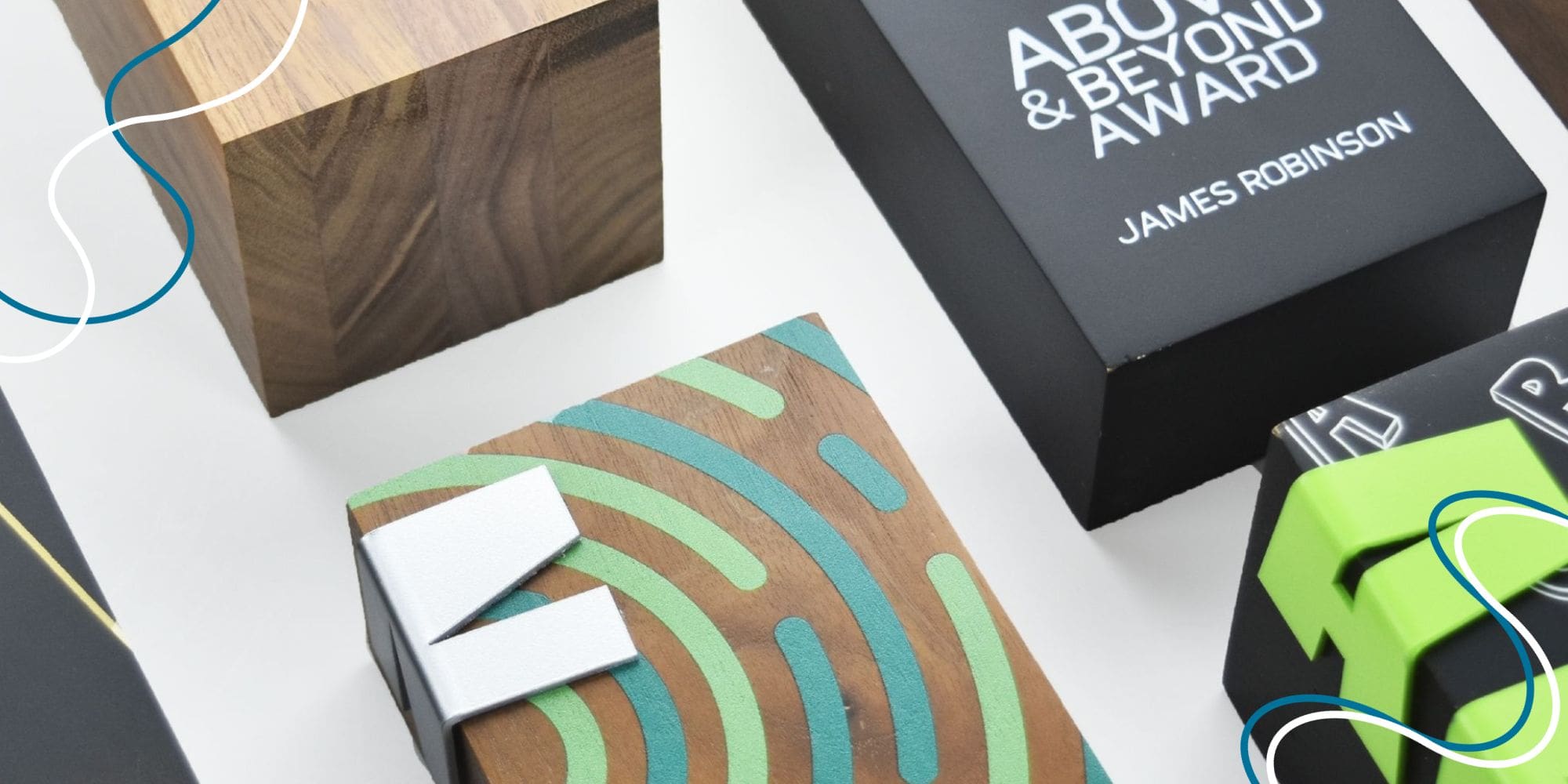 A creative photo featuring trendy wood awards