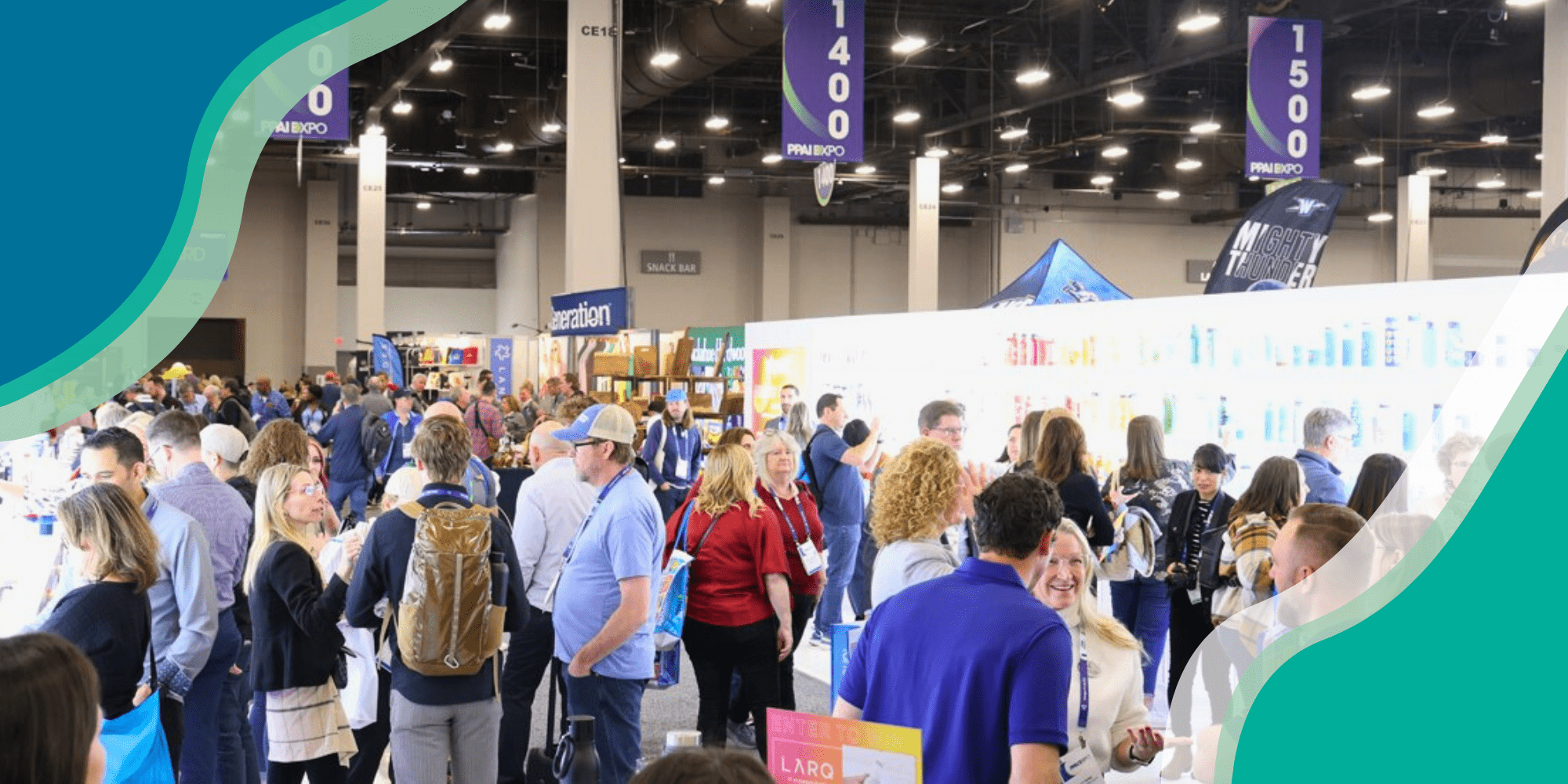 A Trade show featuring multiple looking at promotional merchandise and giveaways