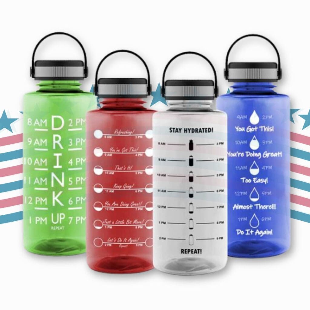 A custom water bottle with pre-printed hydration levels that is made in the USA