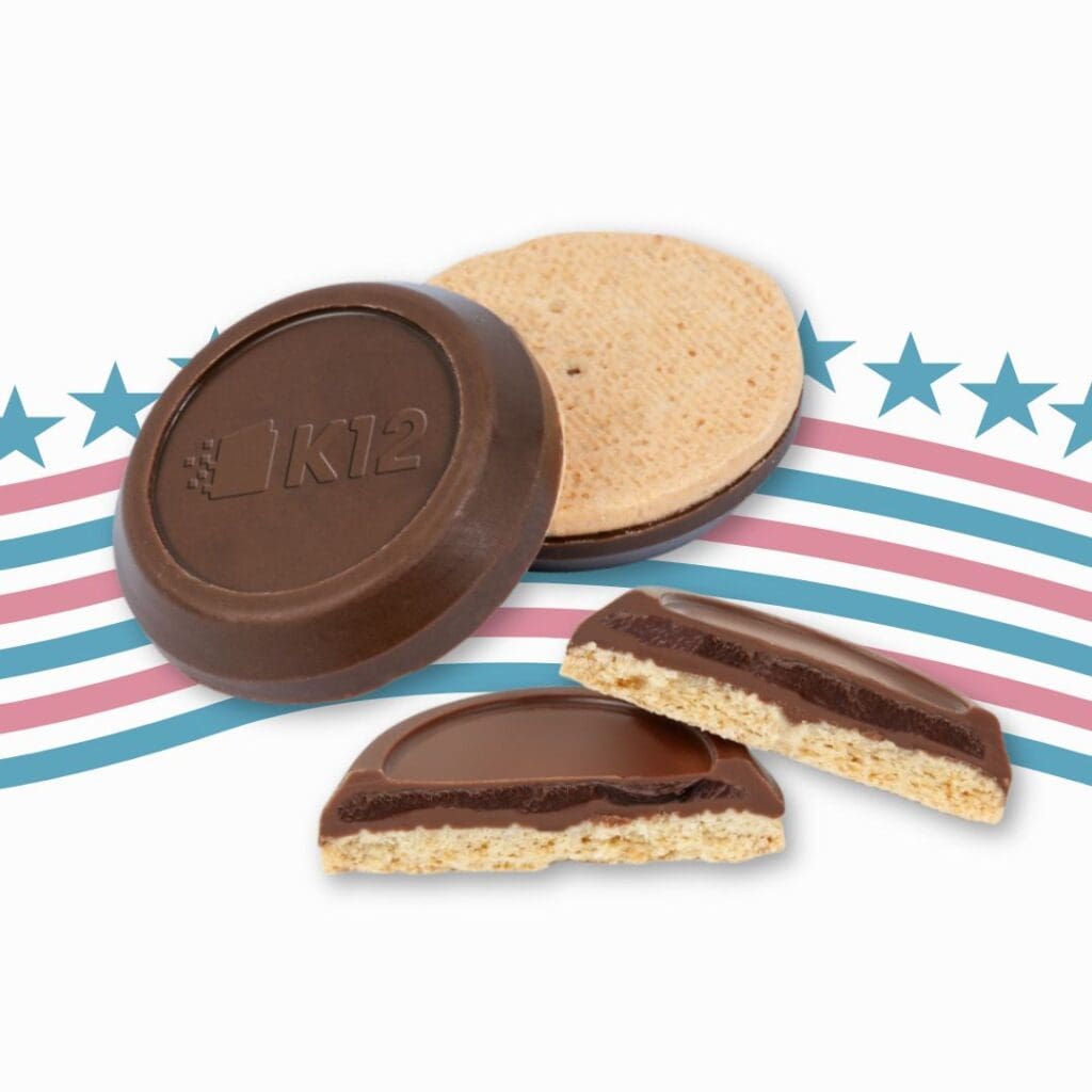 A custom debossed chocolate and caramel cookie that is made in the USA