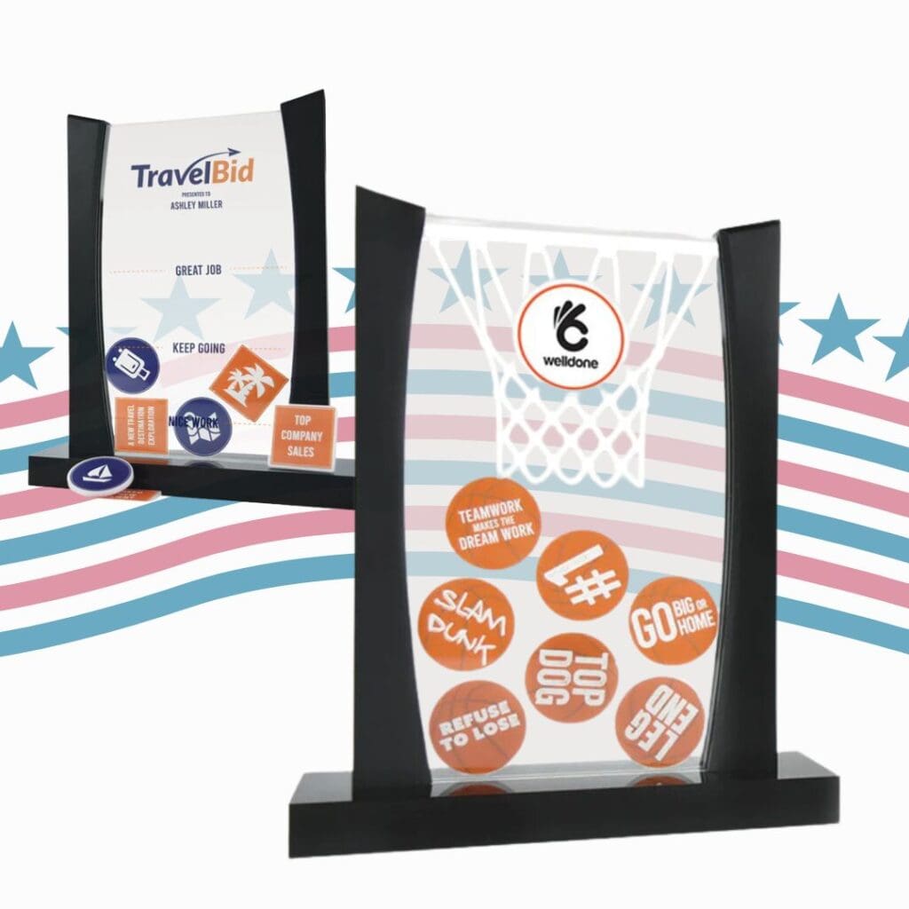 A custom acrylic award that allows you to drop in additional acrylic pieces and is made in the USA