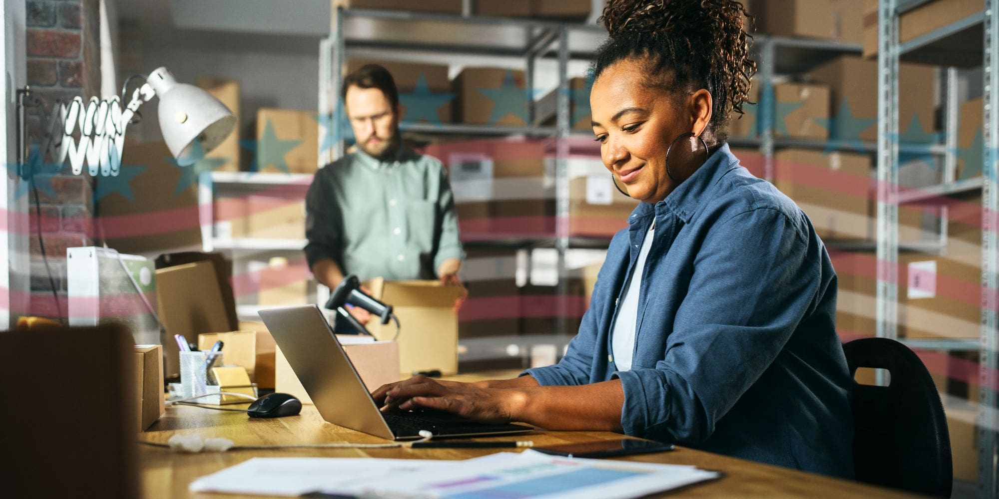 A woman and a man are working at a small business