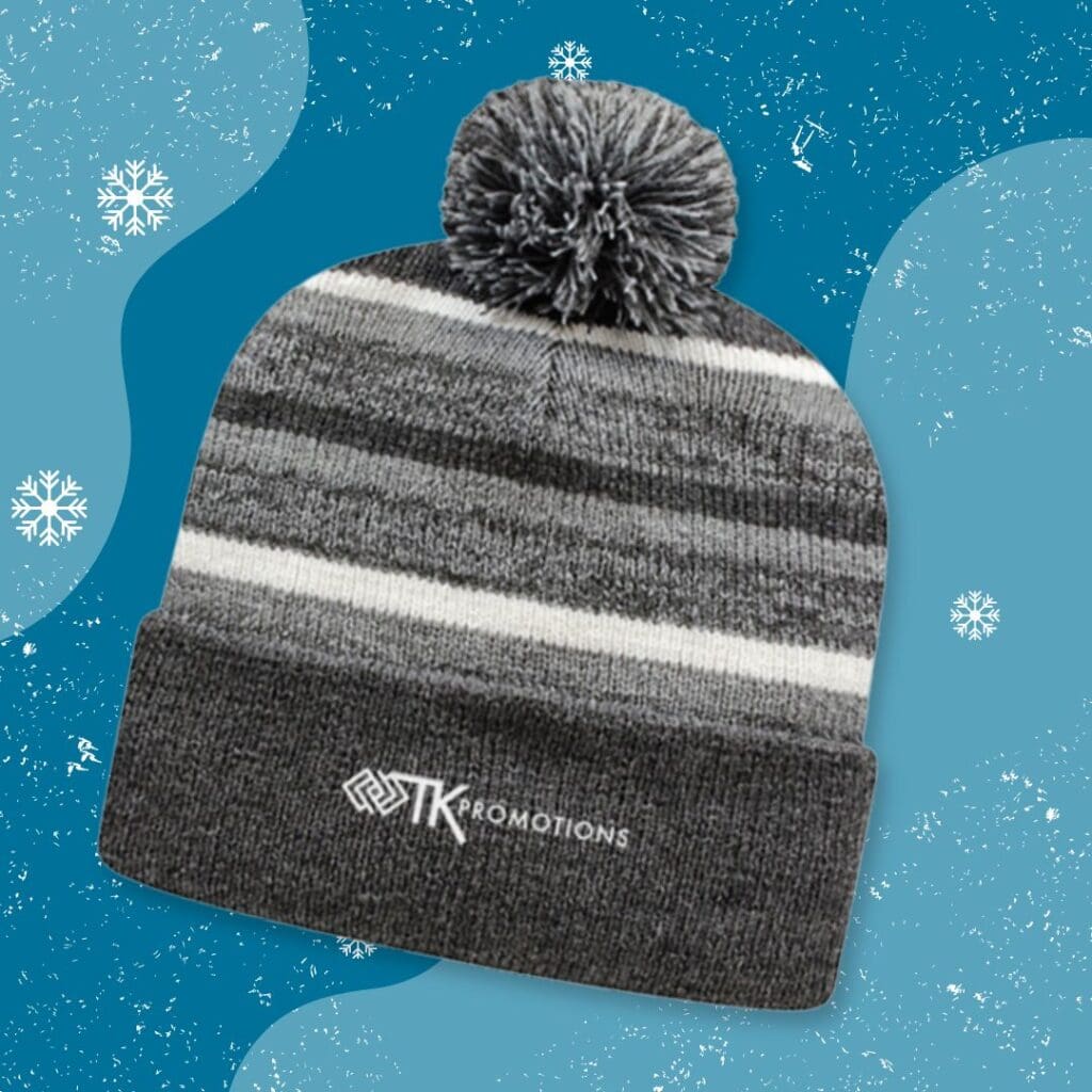 A custom fleece-lined cap with a pom pom accent