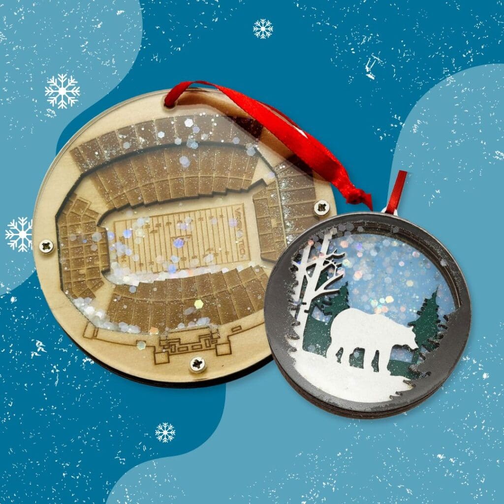 A fully custom ornament with wooden layers, an acrylic top, and glitter encased inside