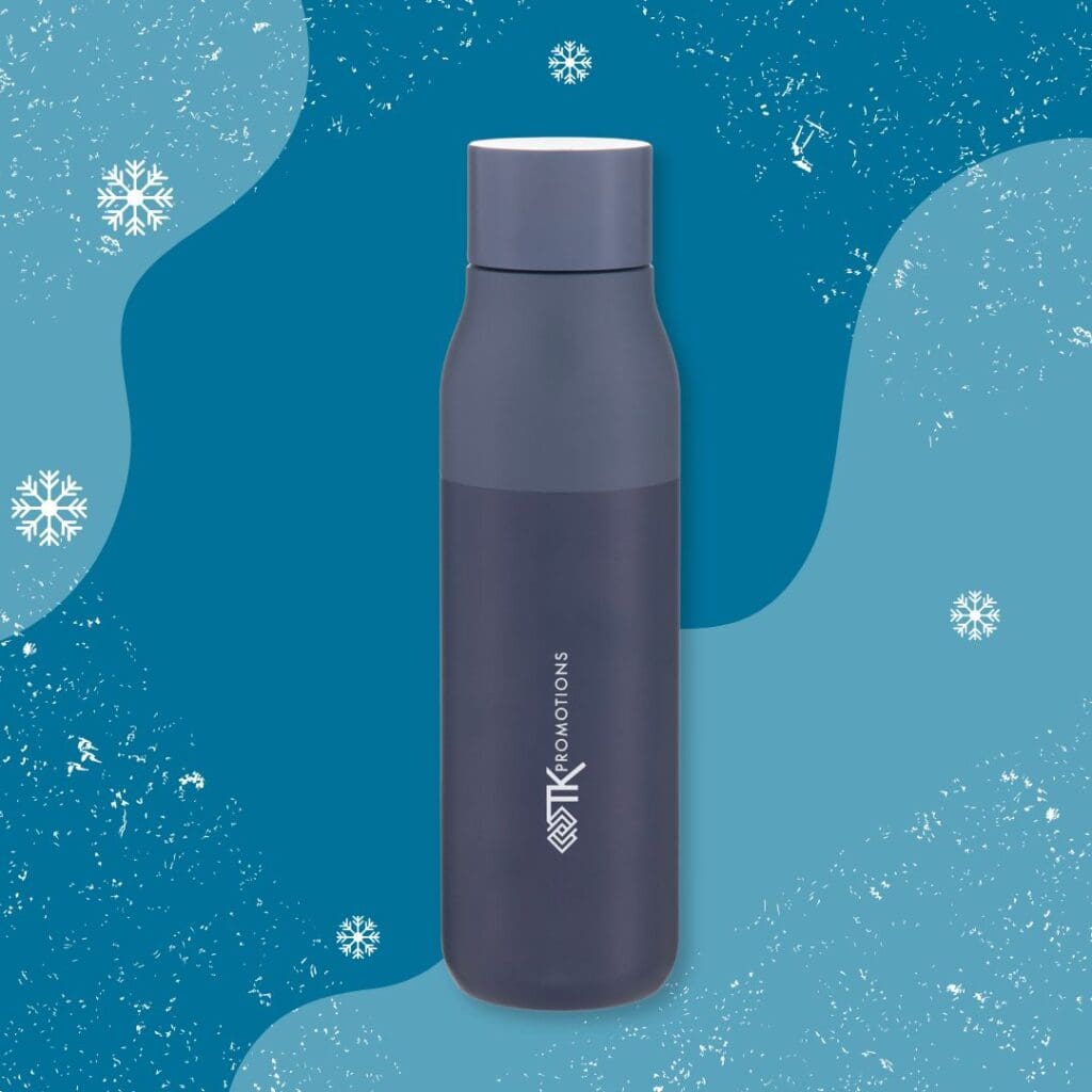 A cutsom dark, navy blue water bottle with a twist-off top