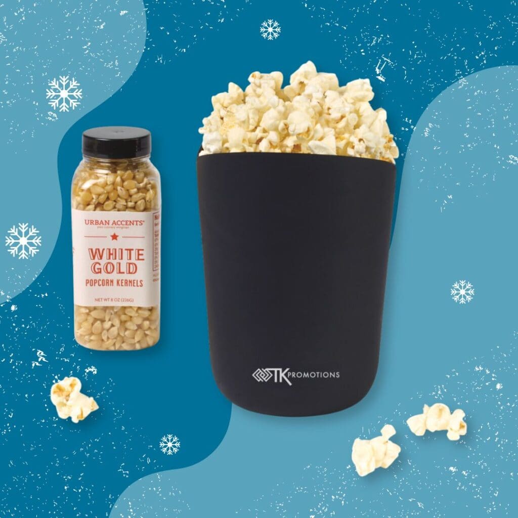 A custom silicone popcorn popper and popcorn kernels