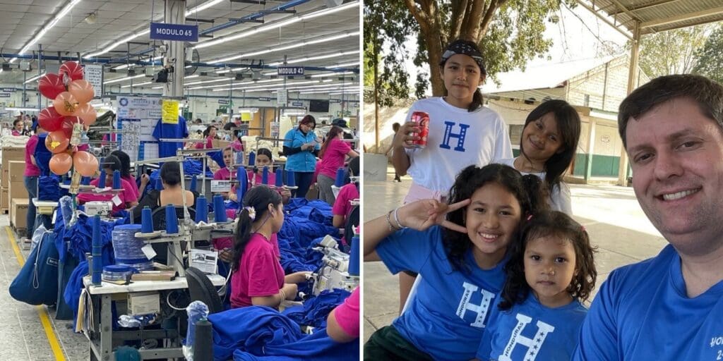 A photo of CEO Todd Mawyer of TK Promotions at a promotional product factory and posing with children in Honduras.