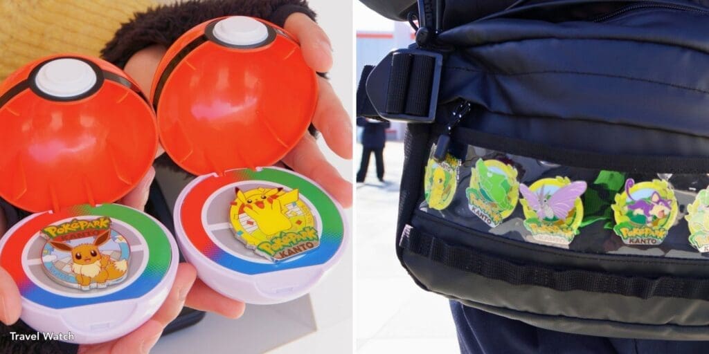 Mystery Pokémon pins from PokéPark Kanto shown in blind box packaging and displayed on a backpack for collecting and trading