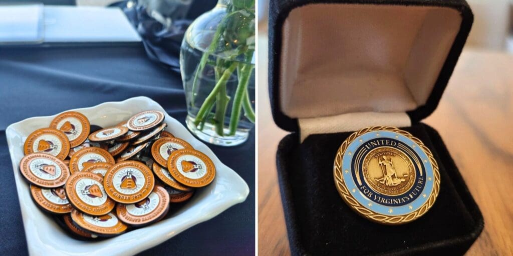 Branded buttons and commemorative medallion displayed together as collectible promotional merchandise