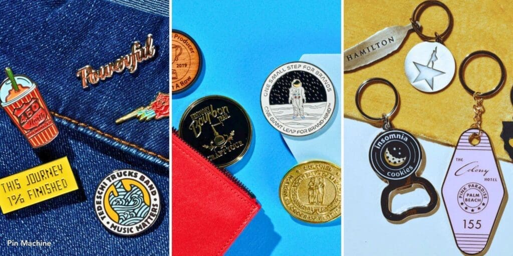 Custom pins and accessories styled on apparel and accessories, showing versatile use in branded merchandise collections