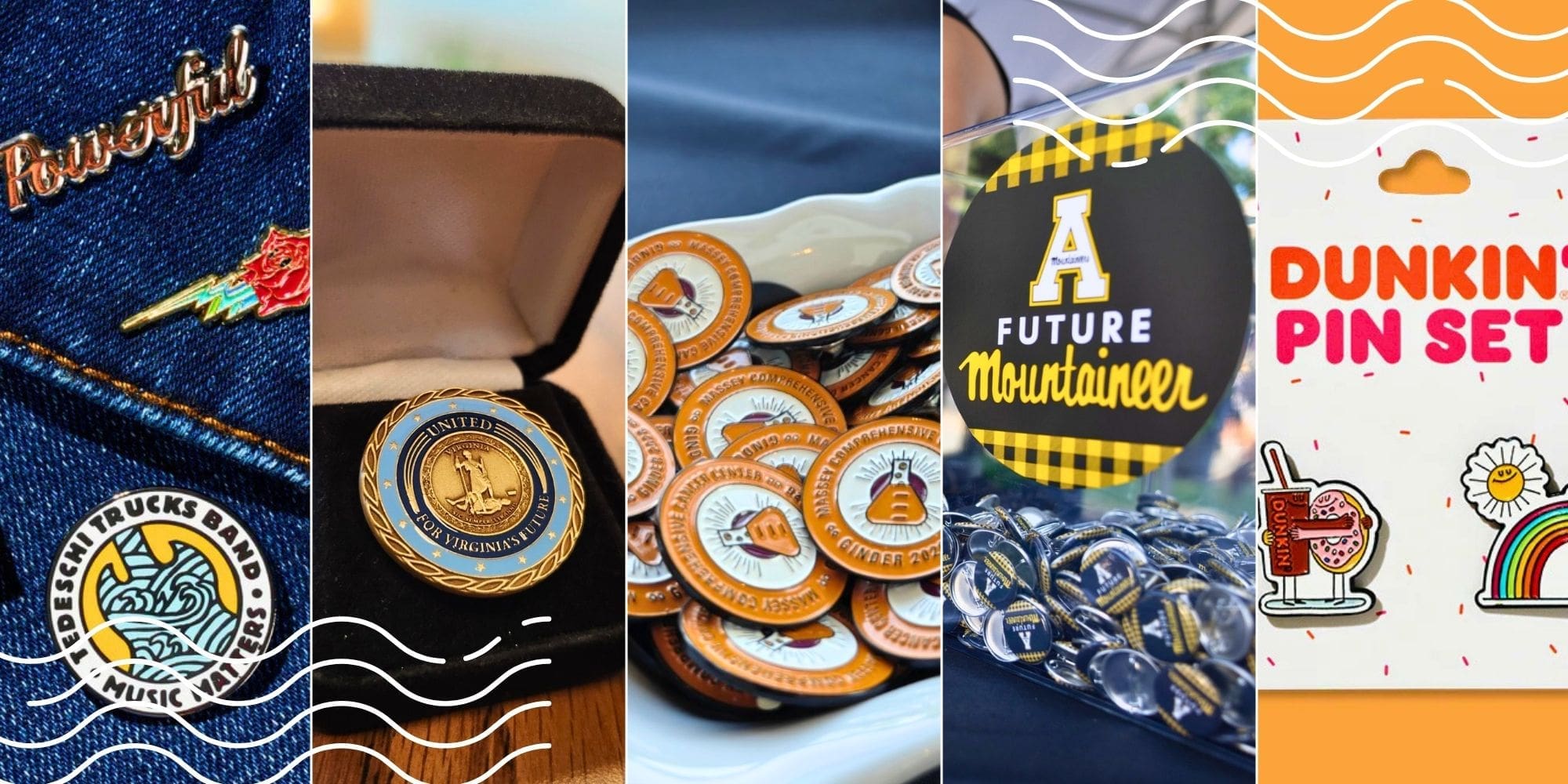 Assorted custom pins and button sets used in branded merchandise collections and retail-style packaging