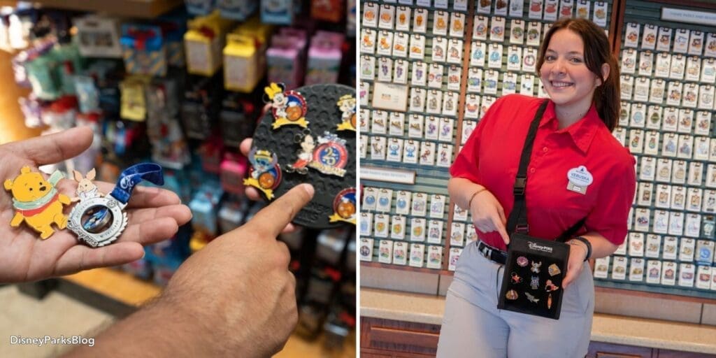 Disney cast member displaying a pin trading board filled with collectible pins used in interactive branded merchandise experiences