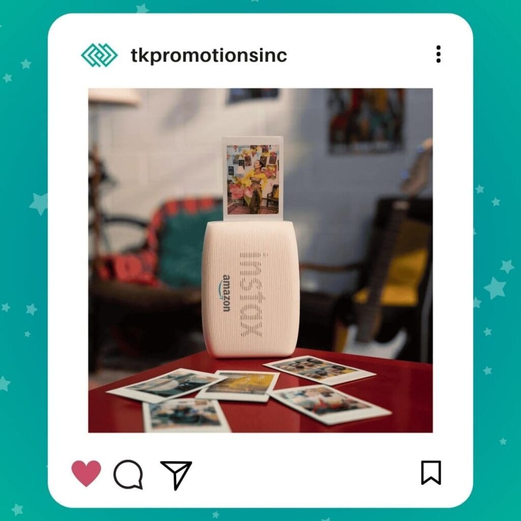 Fujifilm Instax Mini printer displayed with instant photos and scrapbook-style prints.