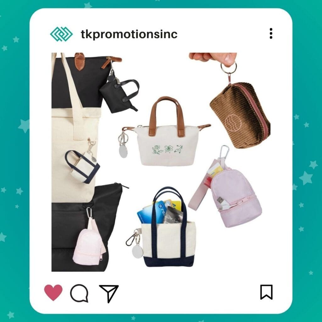 Mini bag charms and compact accessories clipped onto bags and backpacks in a colorful retail-inspired display.