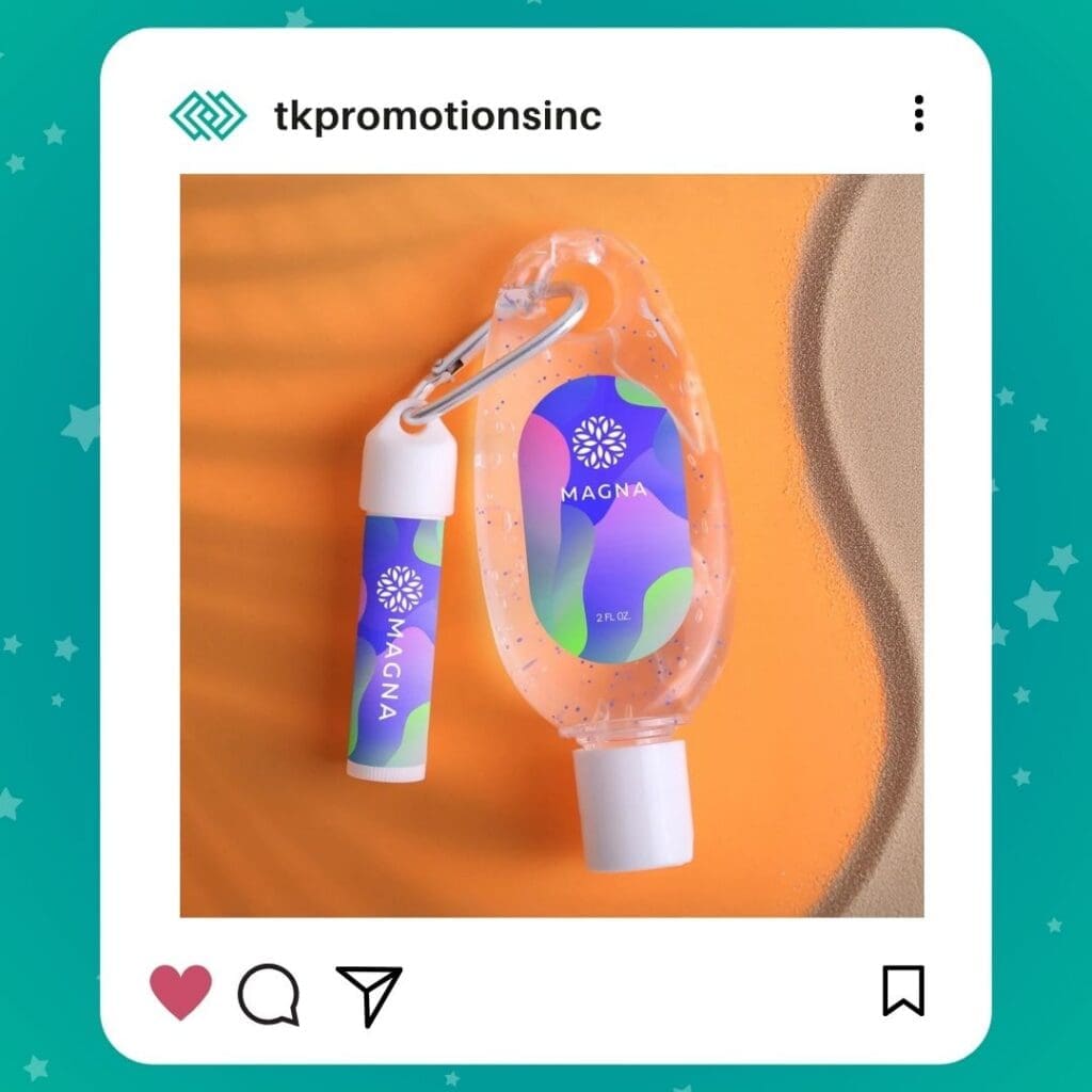 Sanitizer and lip balm carabiner kit inspired by mini beauty and self-care accessories.