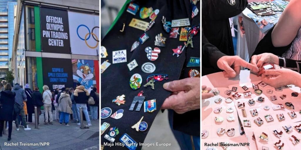 Olympic pin trading center with attendees exchanging collectible pins as part of a global branded merchandise tradition