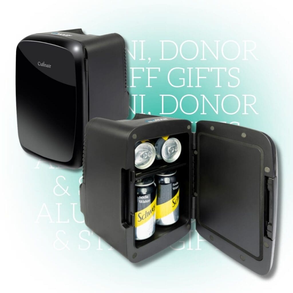 Compact branded mini fridge for drinks, snacks, and office use