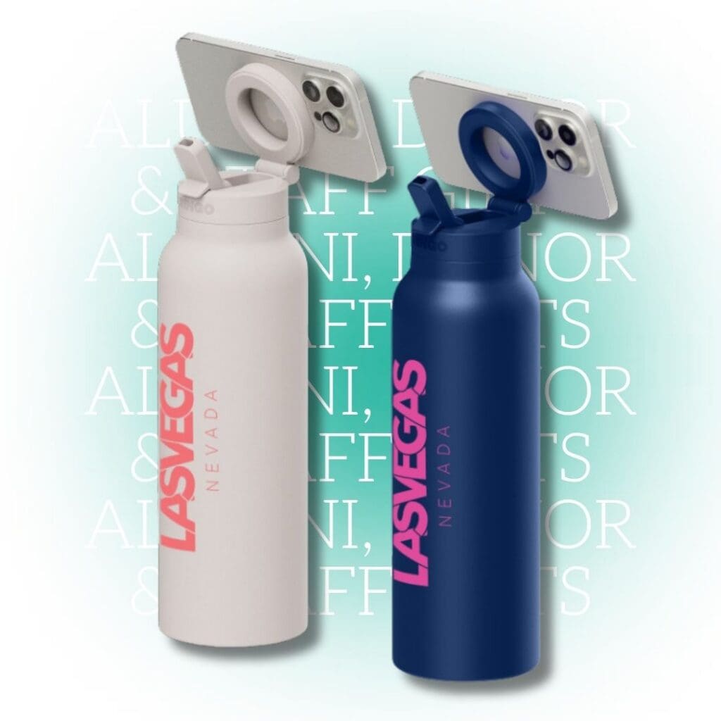 Stainless steel water bottle with built-in magnetic phone stand ring