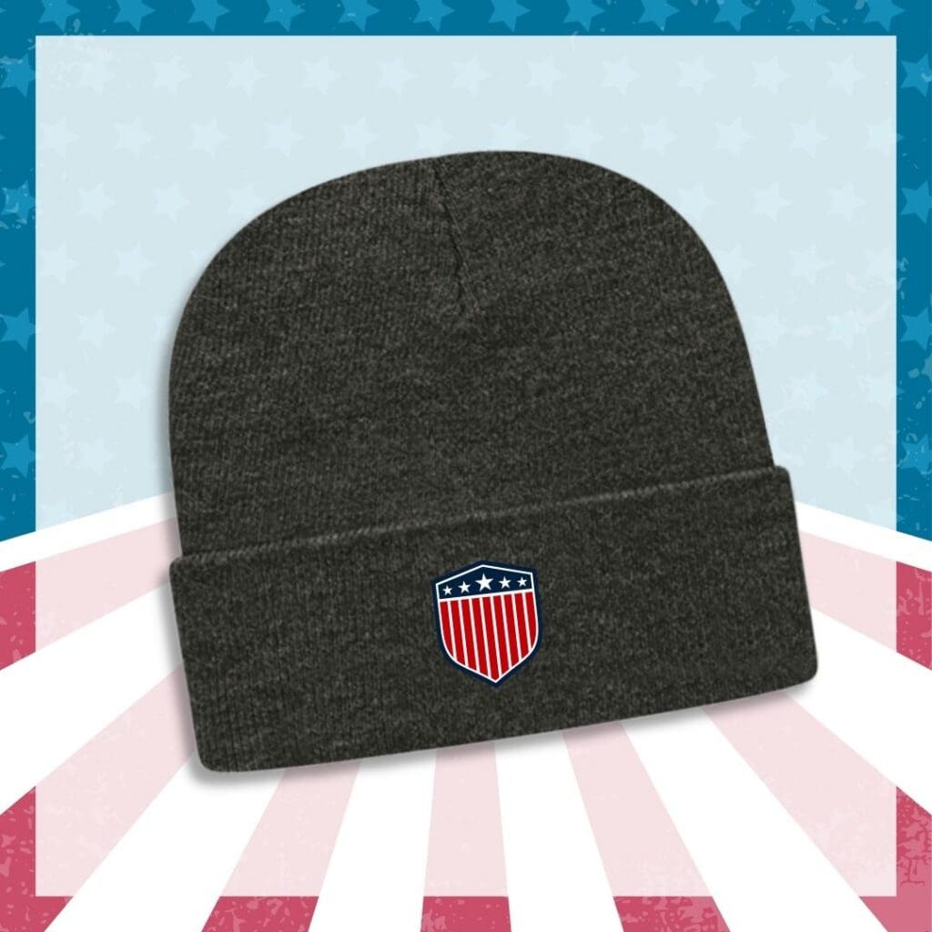 Classic ribbed knit cap with a folded cuff and embroidered organization logo.