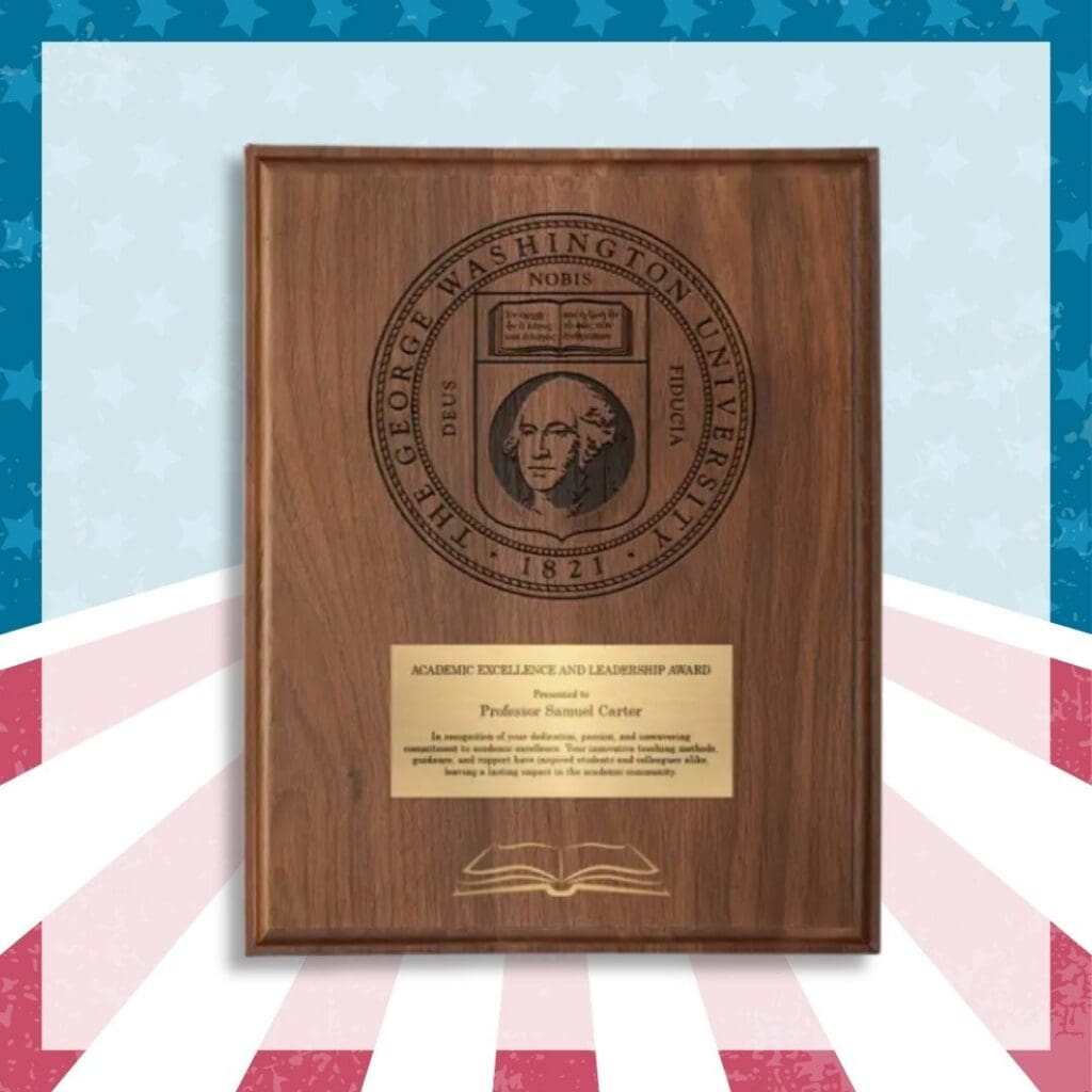 Solid American walnut recognition plaque with Roman cove edges and personalized engraving.