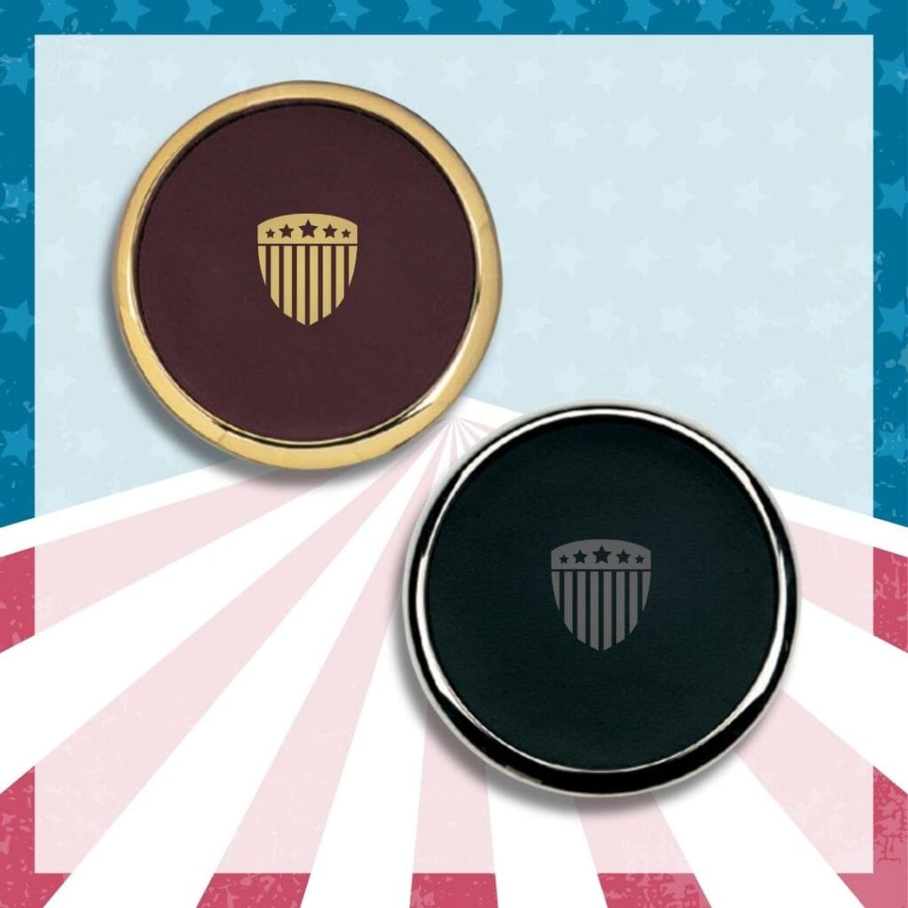 Round brass coaster with a leather center, cork backing, and personalized logo.