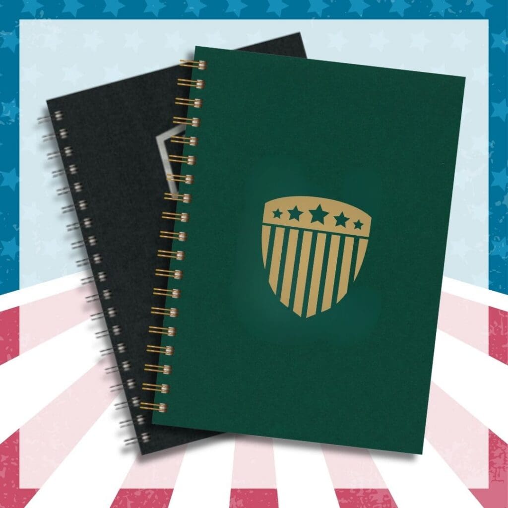 Custom 7-by-10-inch notebook with a personalized cover and lined interior pages.