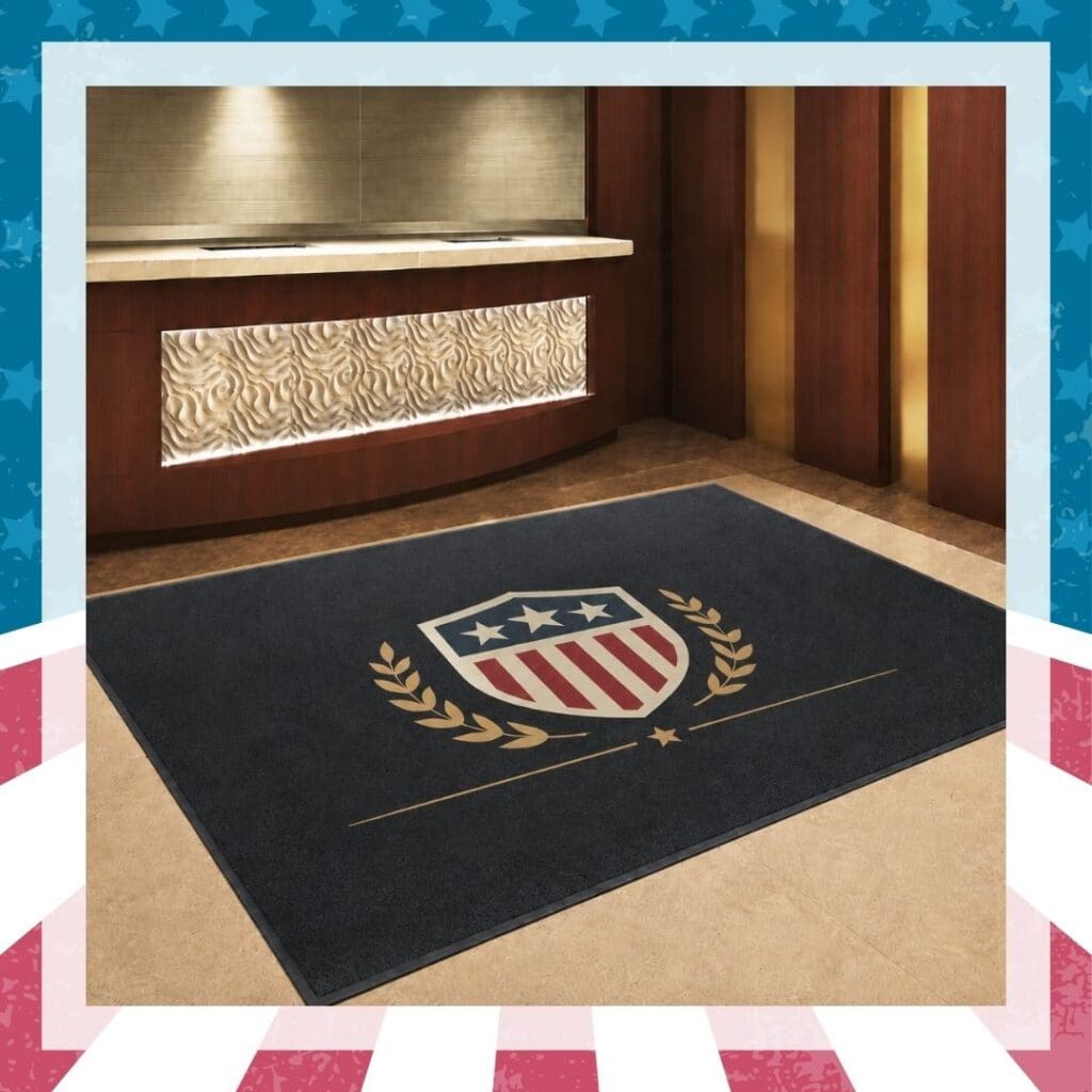 Berber entrance mat with a high-definition full-color logo and low-profile rubber backing.