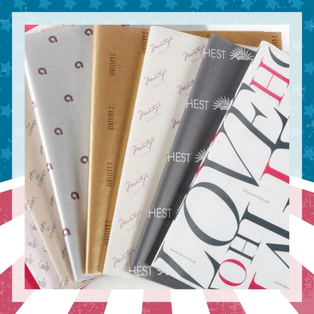 Custom tissue paper printed with a repeating branded logo pattern for gift packaging.