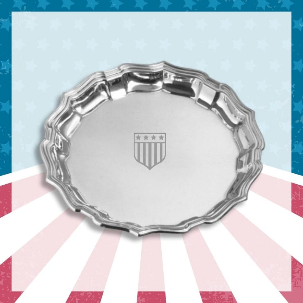 Engraved pewter Chippendale tray with a decorative border for awards and commemorative gifts.