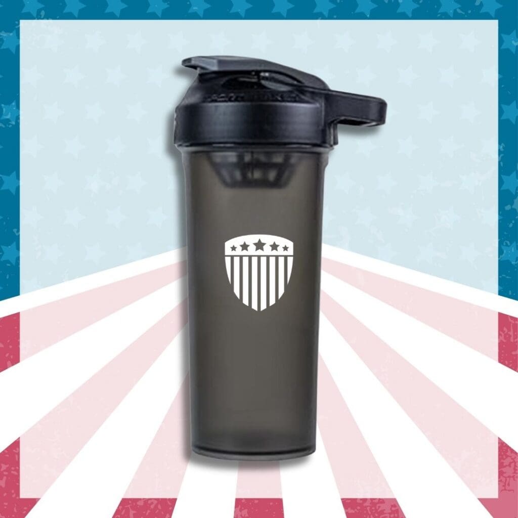 American-made 27-ounce sport shaker bottle with a secure lid, mixing insert, and printed logo.