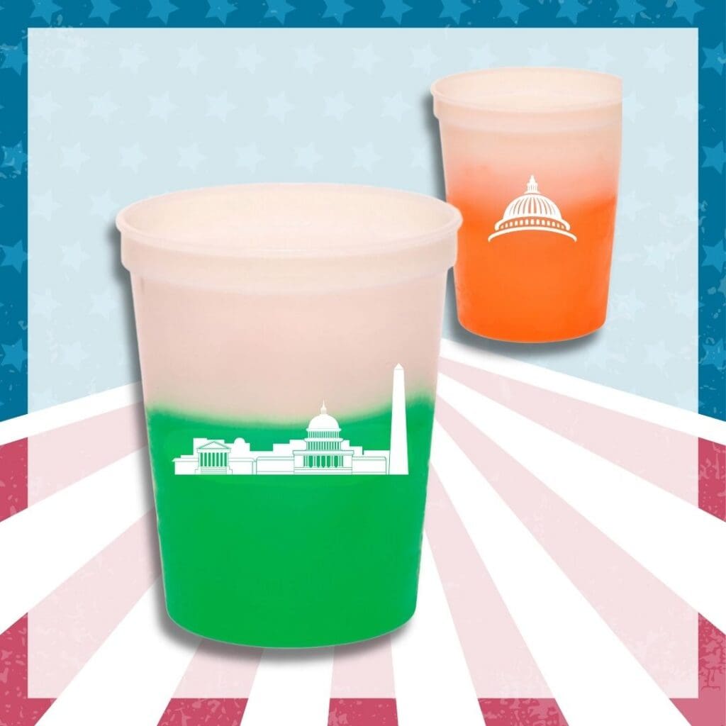 American-made 16-ounce stadium cup that changes color when filled with a cold drink.