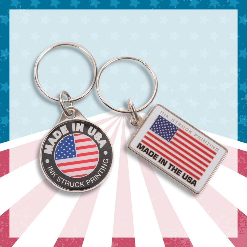 Metal keychains with full-color dimensional artwork that adds raised texture and depth.