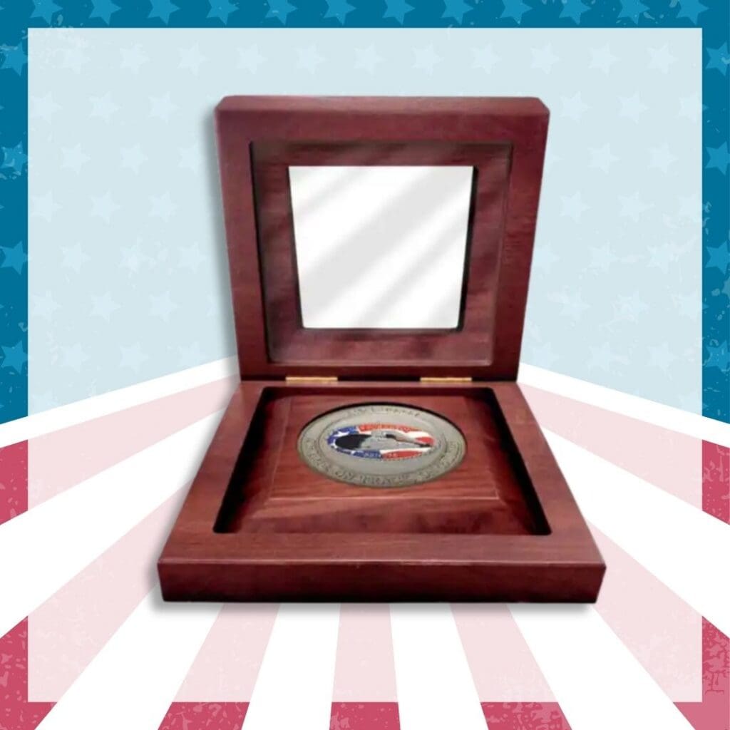 Solid walnut presentation box with a glass lid and felt-lined medallion insert.
