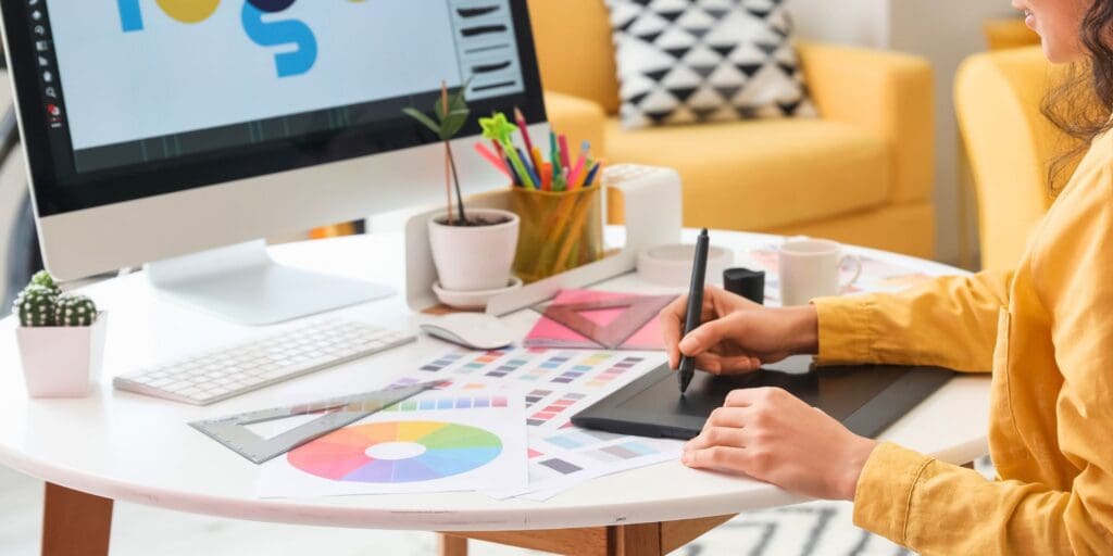 Graphic designer working with a drawing tablet and color palettes to develop branded artwork.